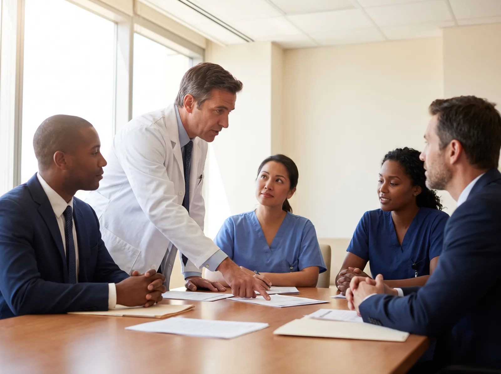Journey Medical Group medical director meeting facility administrators and case managers in a hospital conference room
