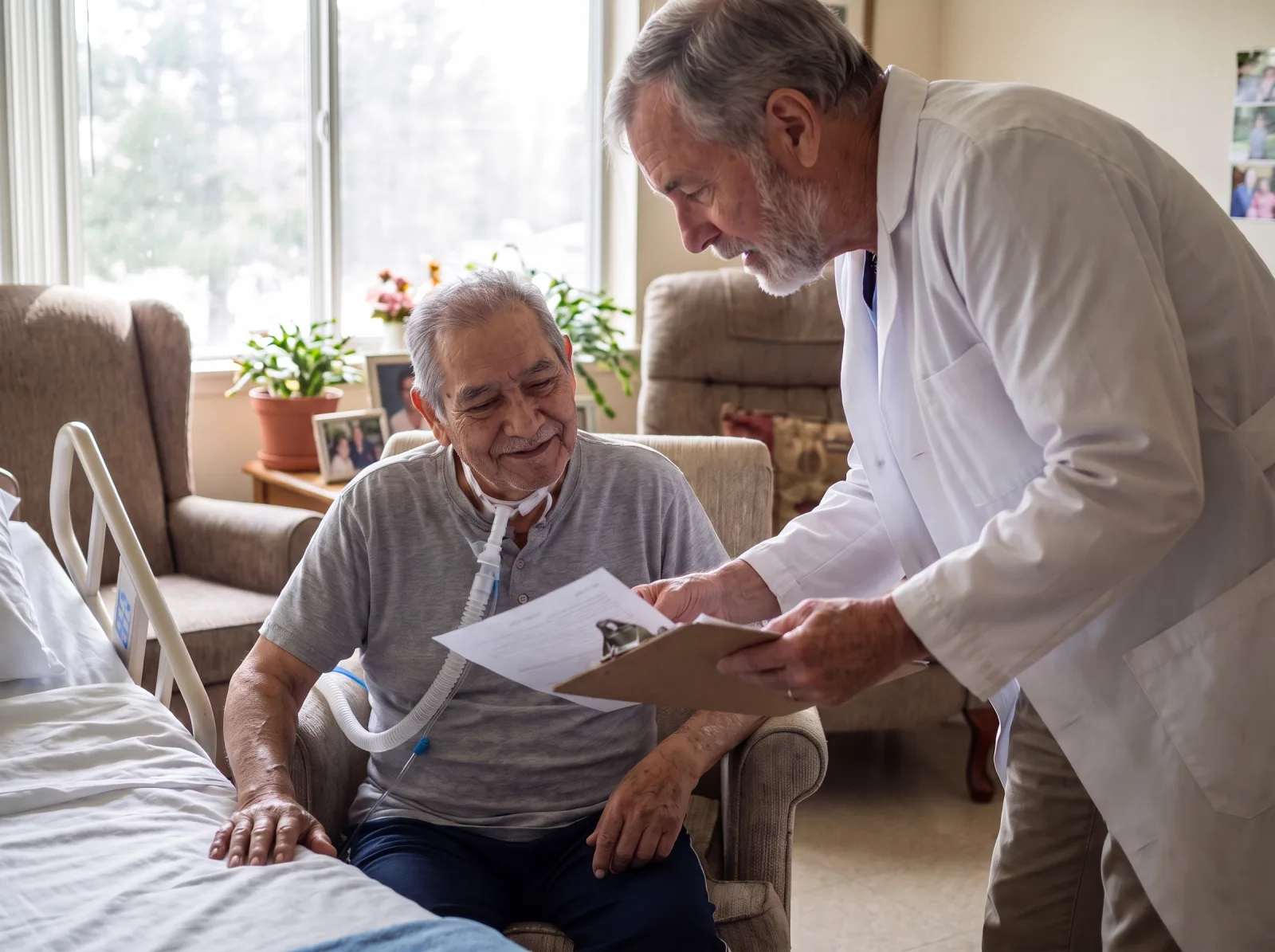 Physician reviewing a recovery plan at the bedside of an elderly patient after a hospital stay