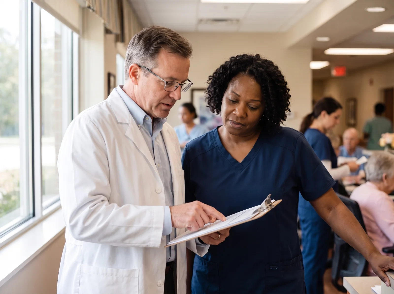 Journey Medical Group physician going through a patient's chart with a nurse during a post-hospital transition